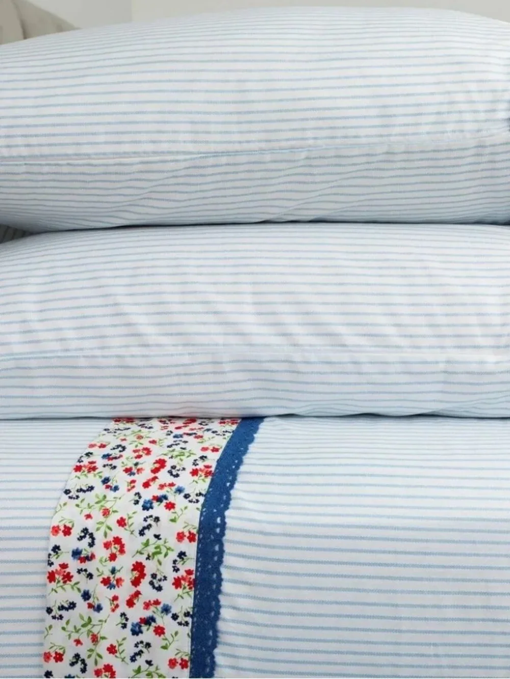 Pioneer Woman 100% cotton 4 pc Full Sheet Set White Blue Stripes wildflowers nwt